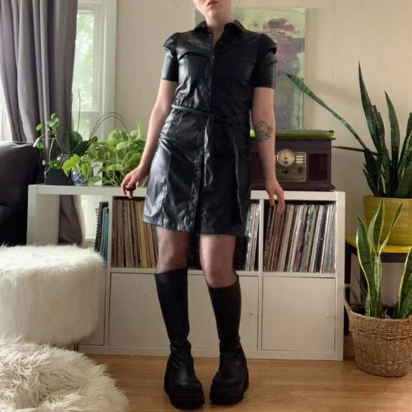 knee length dresses for ladies Long Sleeve Faux Leather Midi Shirt Dress